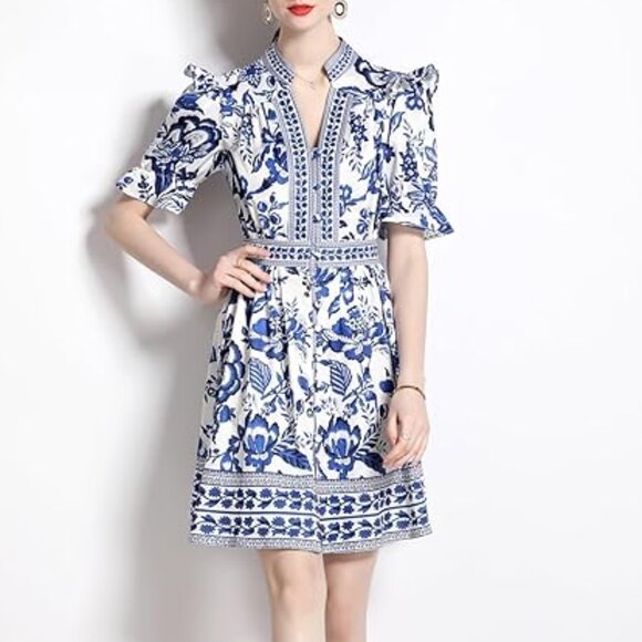 LAI MENG FIVE CATS Women Button Up Short Puff Sleeve Mini Dress Sz: XL Blue/Wht - Picture 2 of 15